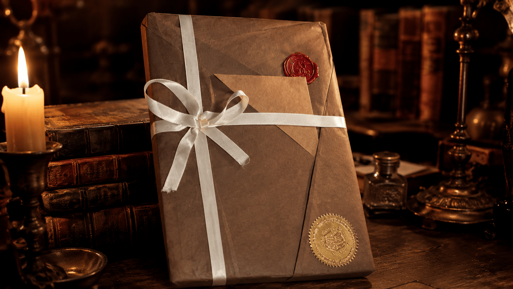 Gift-wrapped copy of The Secret Library of Shadows prepared for bundle customers with a letter from Alistor Grimsby.