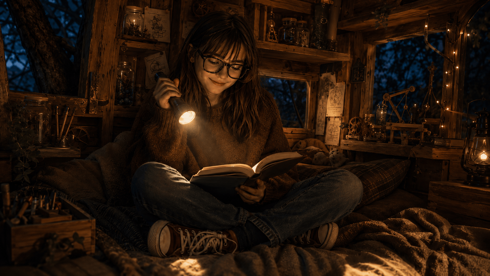 Young reader exploring a mysterious fantasy book from Grimsby Studios