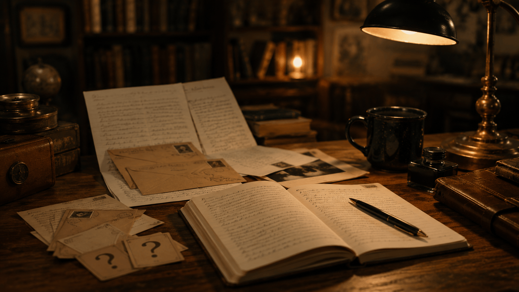 A writer’s desk with envelopes, handwritten letters, and a notebook arranged in a book-filled study.