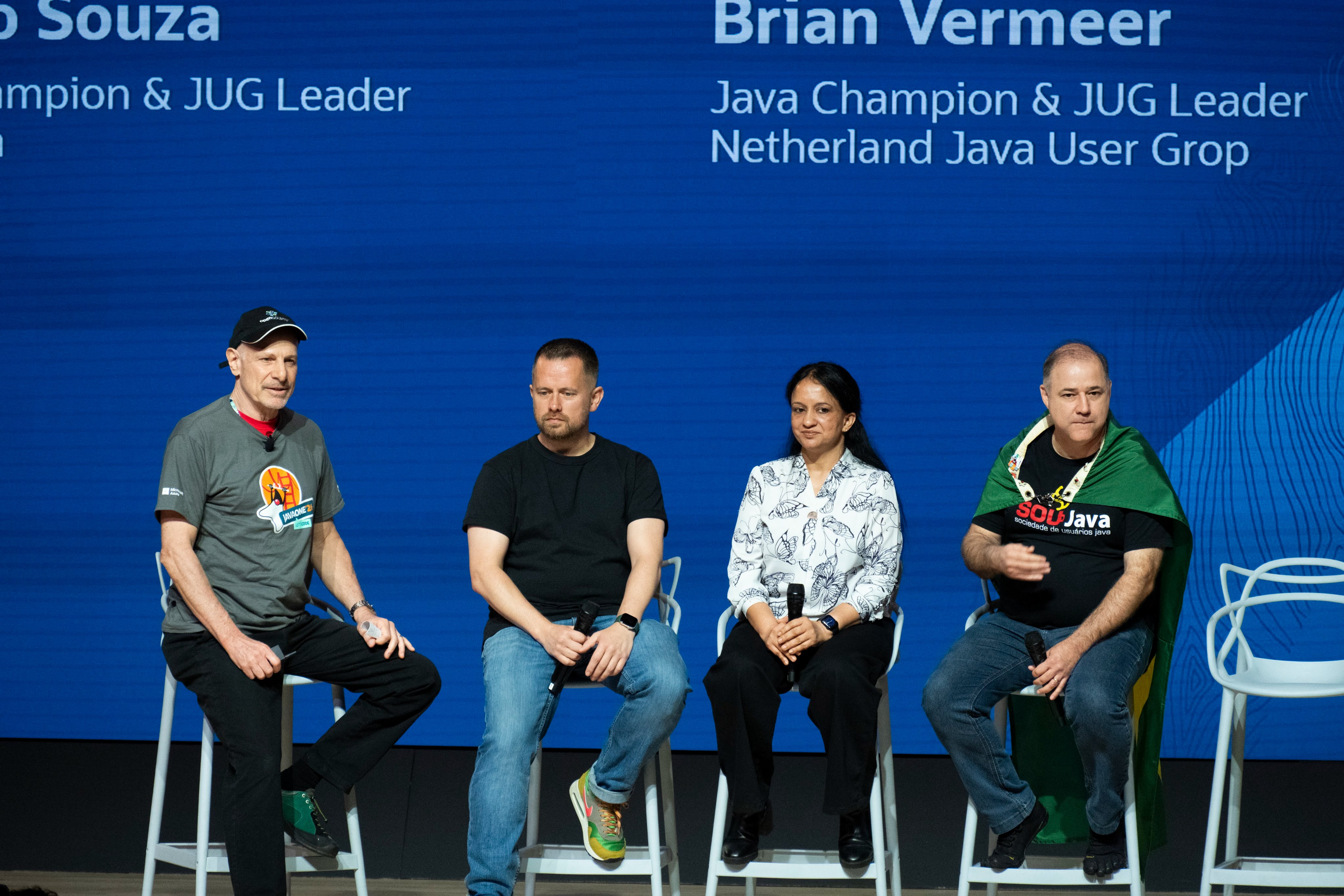 Jim Grisanzio hosts a JavaOne 2026 Community Keynote Panel with Brian Vermeer, Mala Gupta, and Bruno Souza.