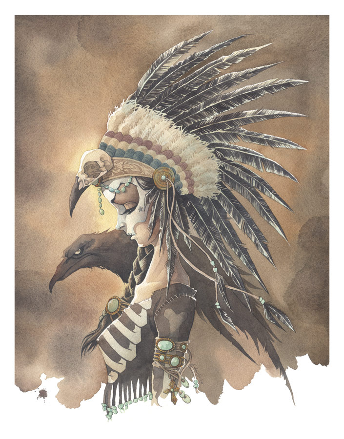 Crow Jane gris grimly girl skeleton raven indian head dress skull paint americana