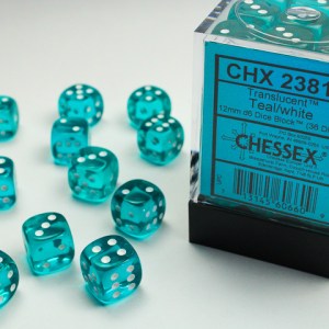 Set 36 dadi D6: Trasparenti Teal/white