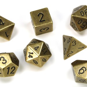Set 7 dadi GDR metallo: Solid Metal Old Brass Colour Poly