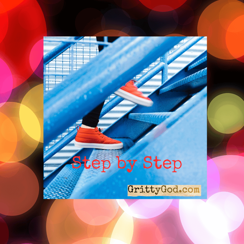 Photo of person with bright red sneakers stepping up metal stairs framed with bright multicolored circles on black background.