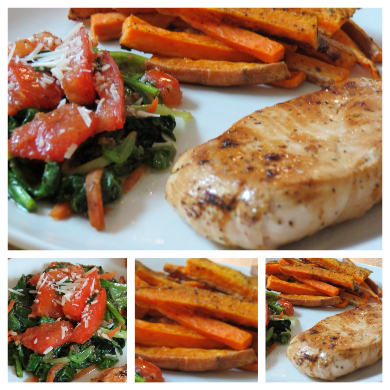 Grilled chicken, sweet potato fries, and pan seared spinach