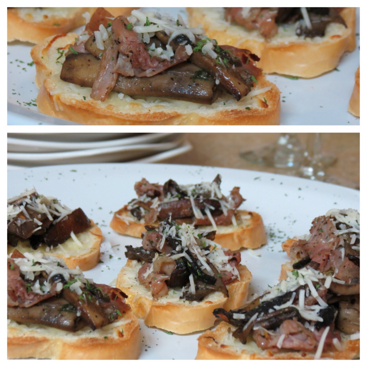 Portobello mushroom and Prosciutto bruschetta with parmesan and mozzarella