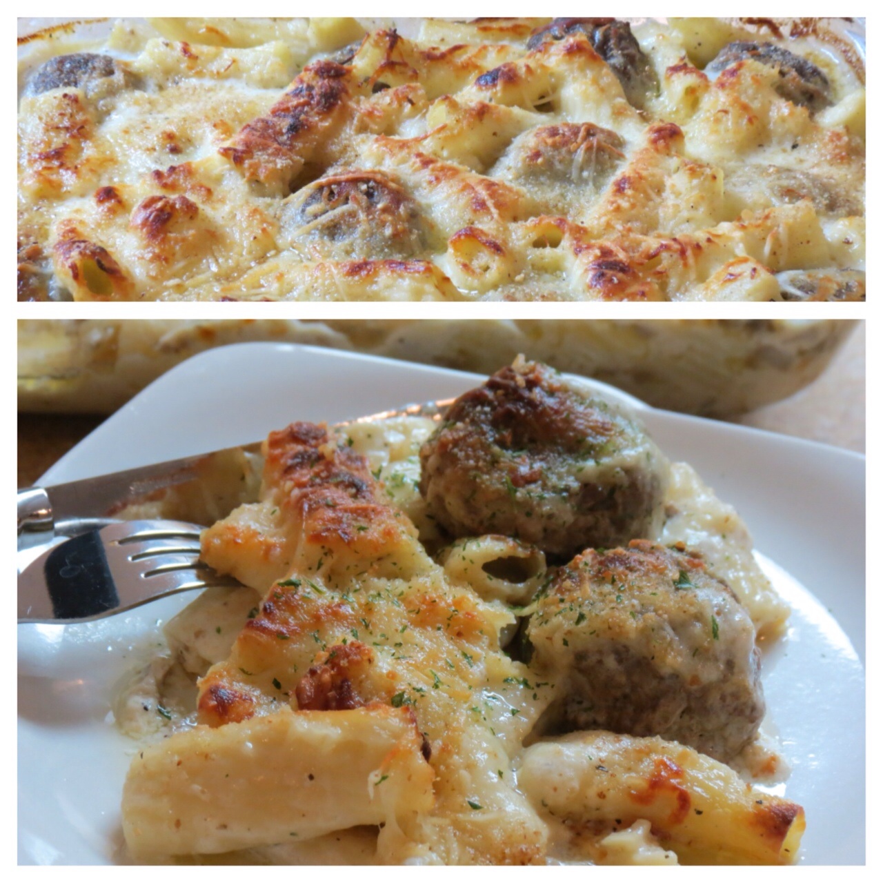 Alfredo baked ziti with stuffed turkey meatballs