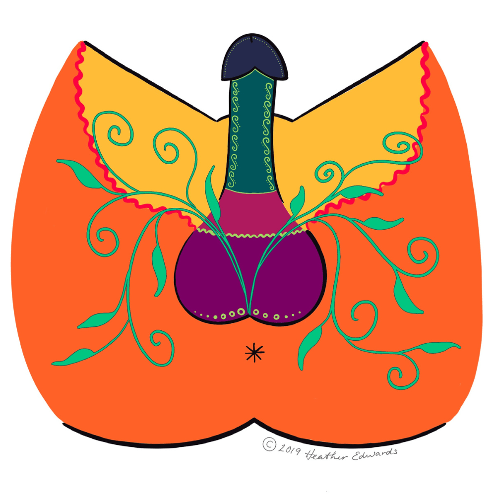 Colorful artistic representation of a penis with leaves and vines around it