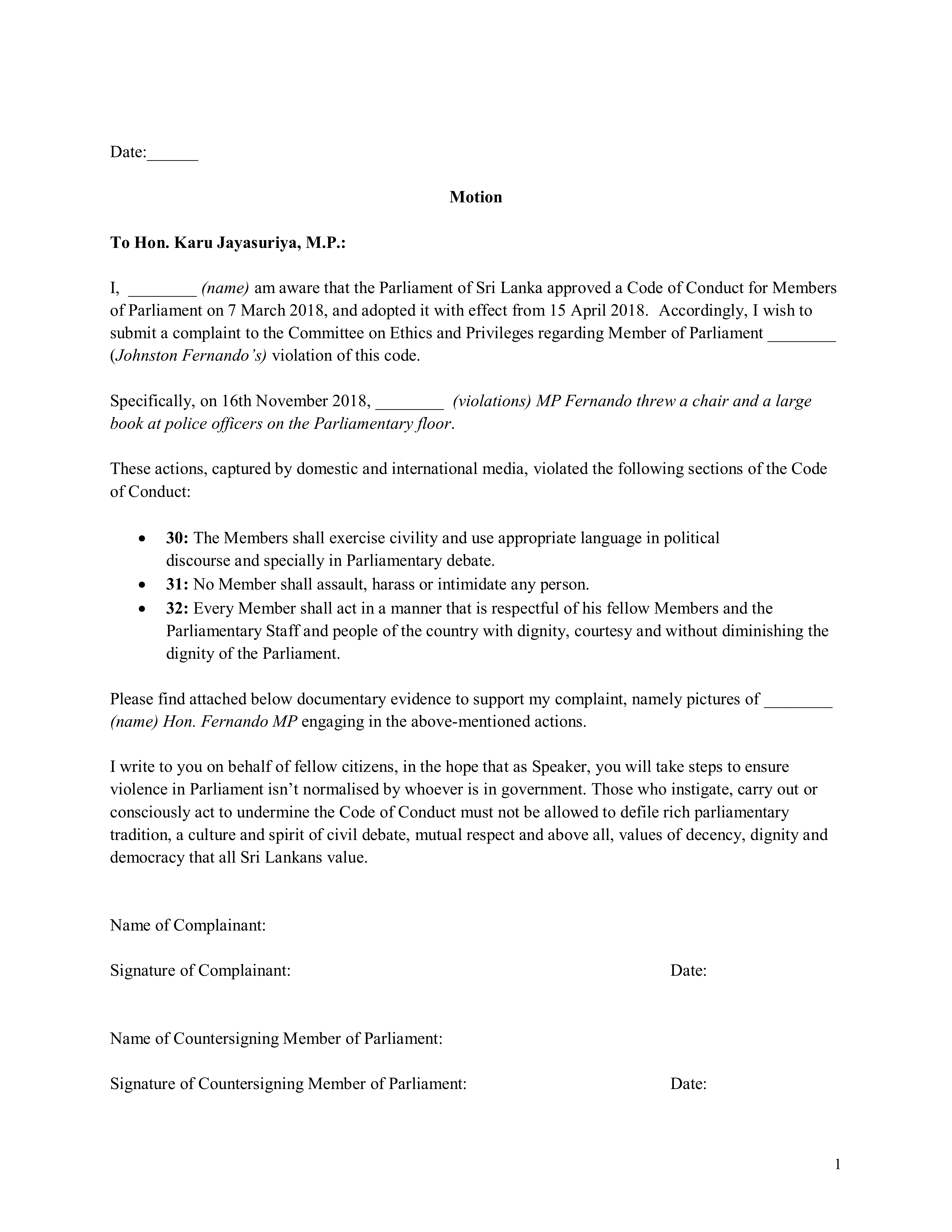 Write To The Speaker Template Of Letter To Report Violent Mps Groundviews