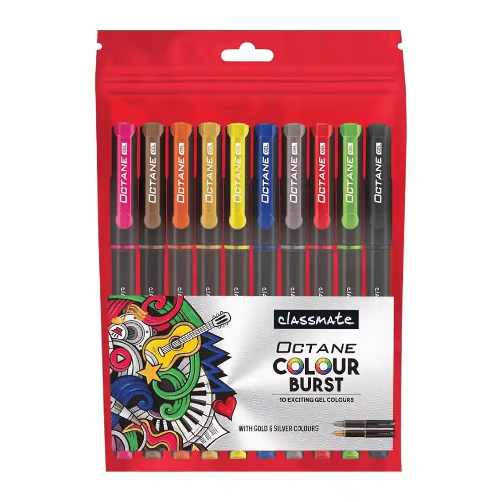 Classmate Octane Colour Burst 10 Exciting Gel Colour Pen | With Gold & Silver Colour
