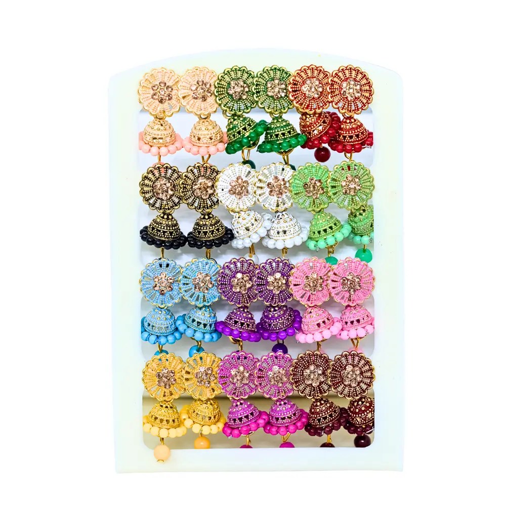 Traditional Indian Jhumka Earrings Set – 12 Pairs Colorful Flower Design
