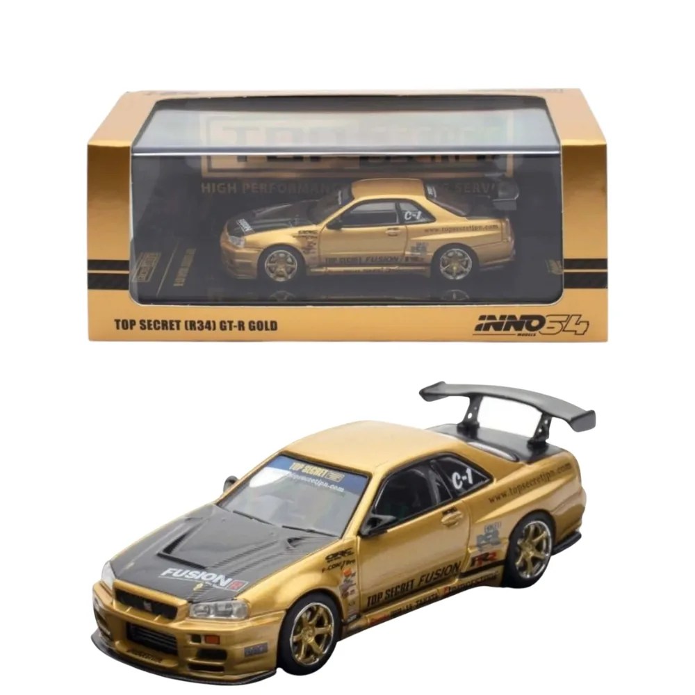 Inno64 Top Secret Nissan GT-R R34 Gold Diecast Car 1:64 Scale with Acrylic Display Case