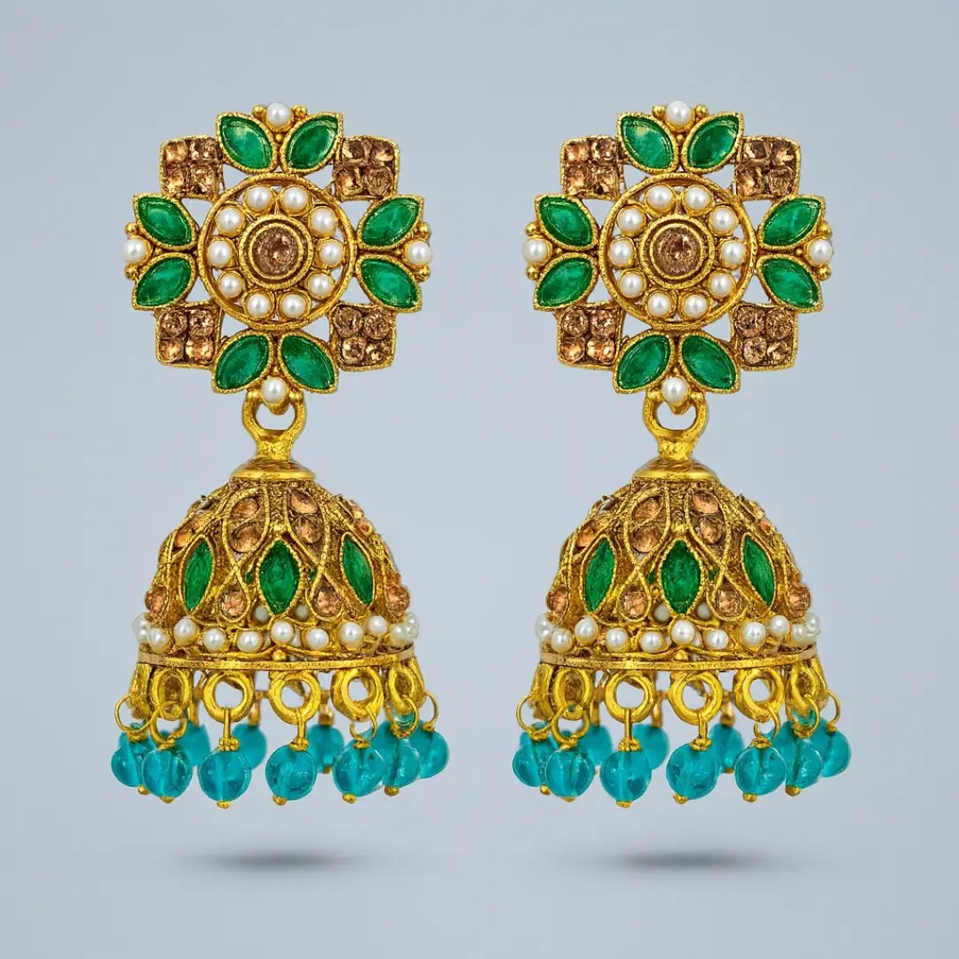 Green Kundan Jhumka Earrings