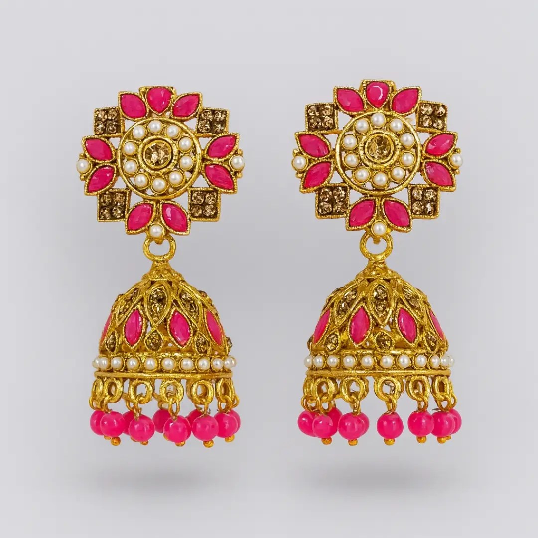 Pink Kundan Jhumka Earrings