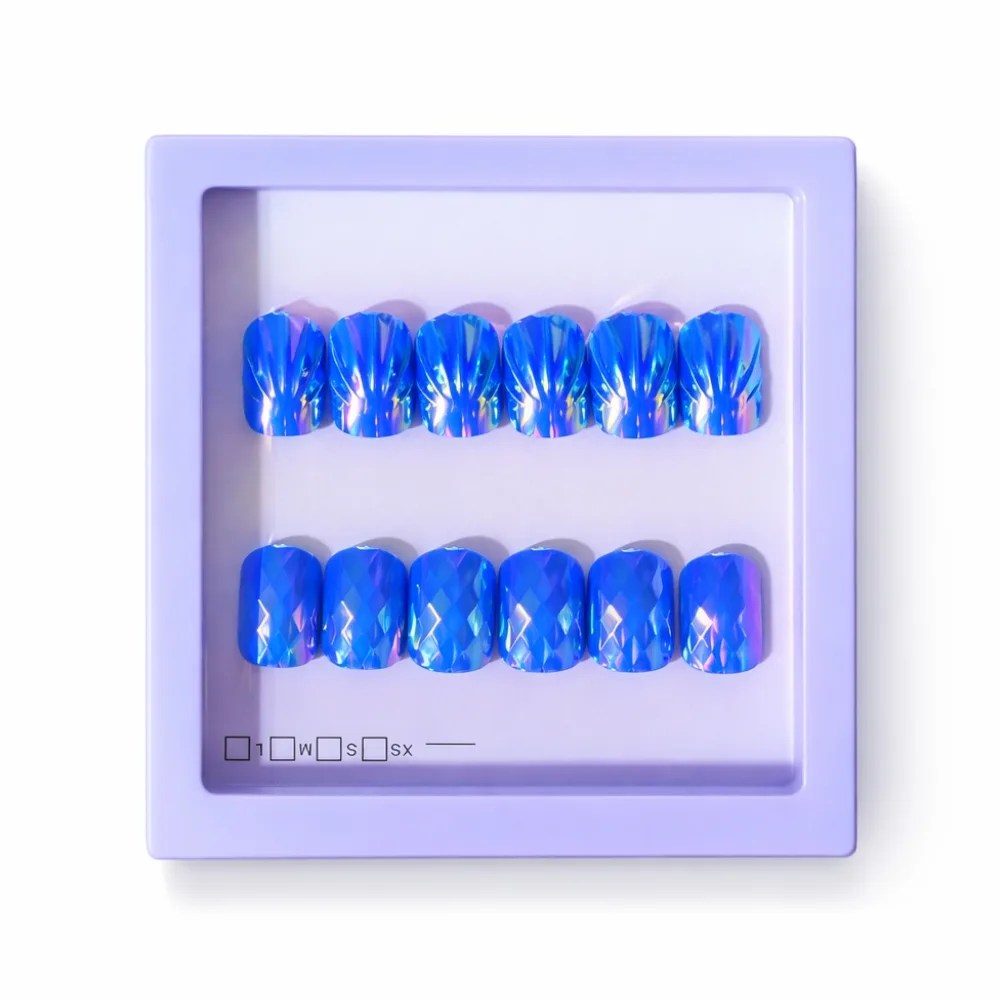 Blue Holographic Press-On Nails | Glossy Diamond Finish | 12 PCS