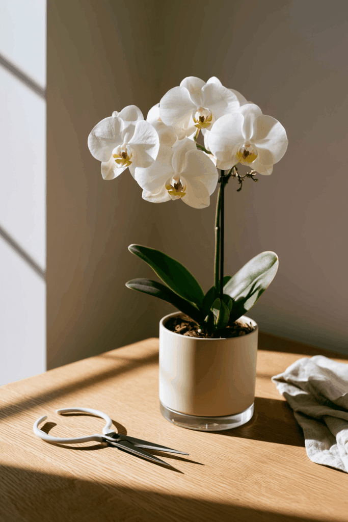 Clean scissors beside orchid for safe spike pruning
