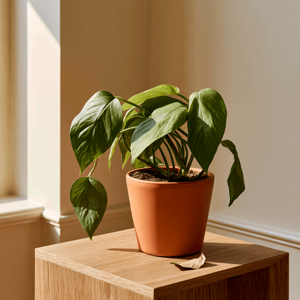 Dry soil pulling from pot edge with droopy pothos leaves
