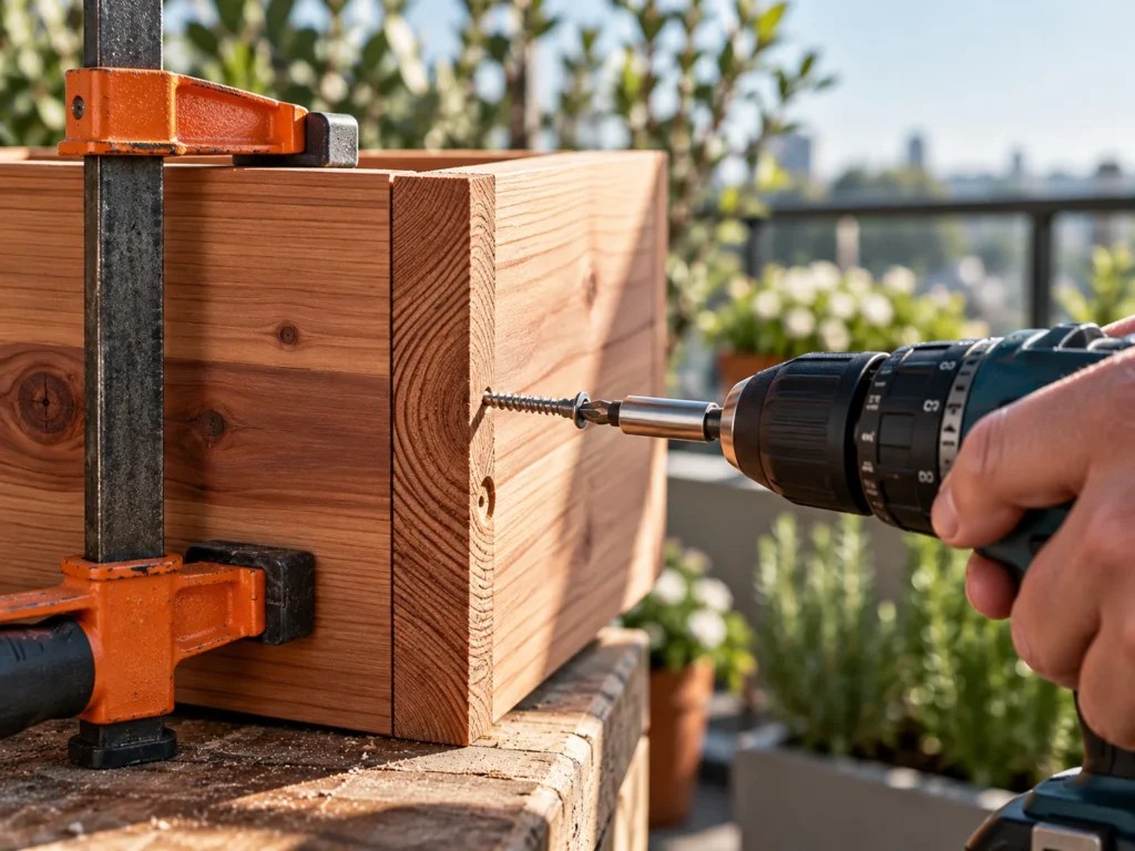 A clamped cedar box corner with a pilot hole and a drill driving an exterior screw