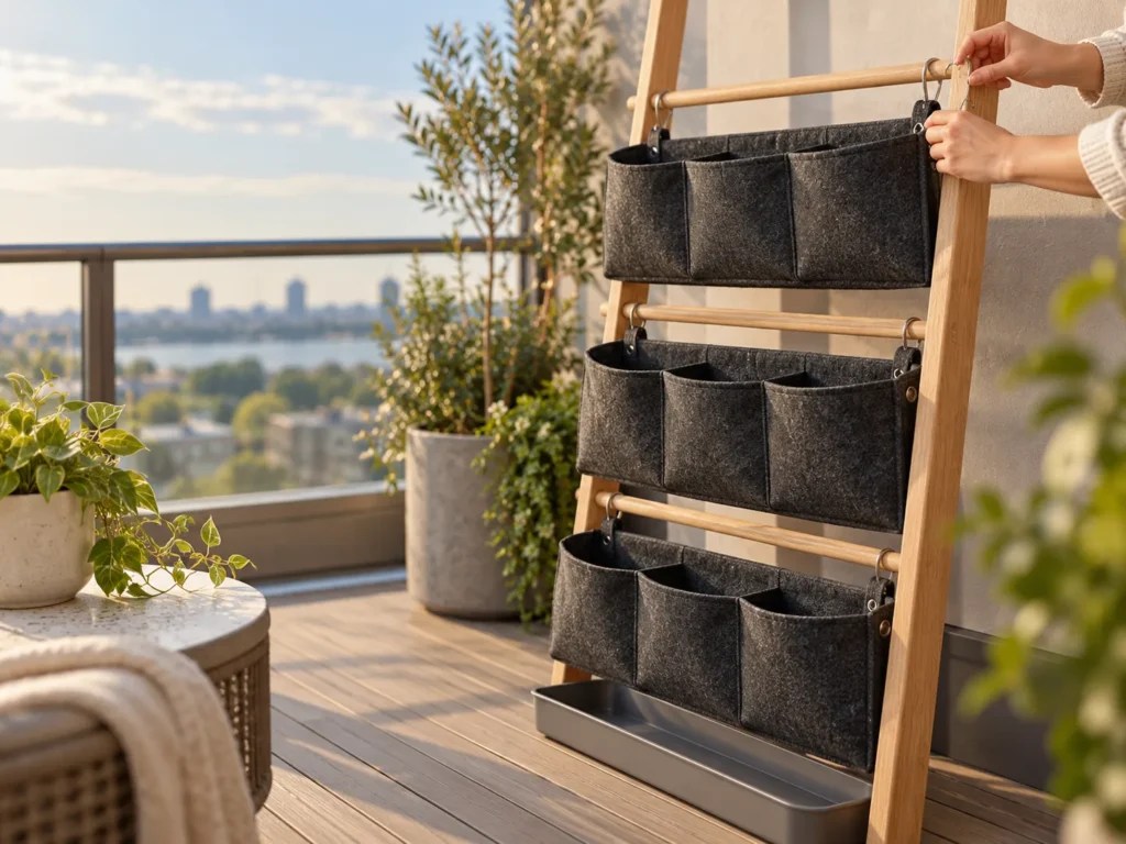 Fabric pocket rows staggered on a leaning frame above a shallow catch tray on a balcony deck