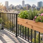 alcony railing planter box DIY ideas: a cedar box of basil and petunias hanging inside an apartment balcony railing