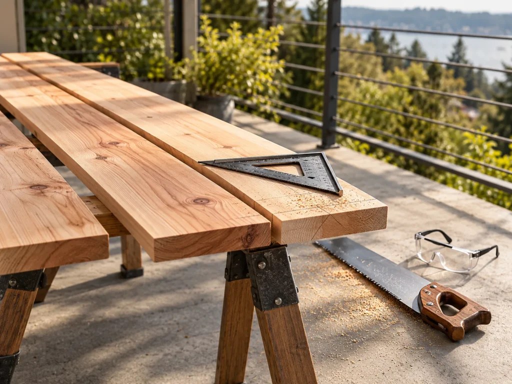 Cedar boards marked with pencil lines on sawhorses beside a handsaw and safety glasses