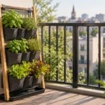 DIY Vertical Garden Wall Ideas for Small Spaces: a no-drill ladder frame with fabric pocket planters strapped to an apartment balcony railing