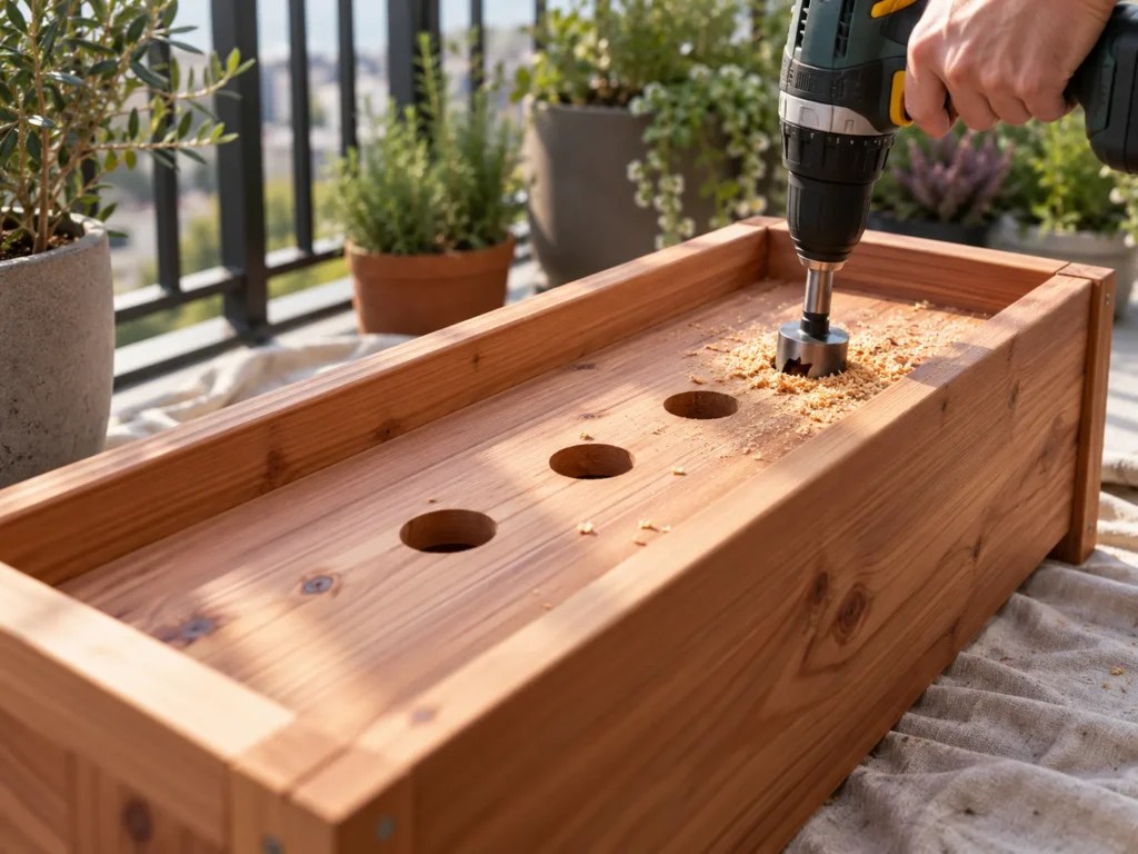 A drill making a row of evenly spaced drainage holes in the bottom of an upturned cedar box
