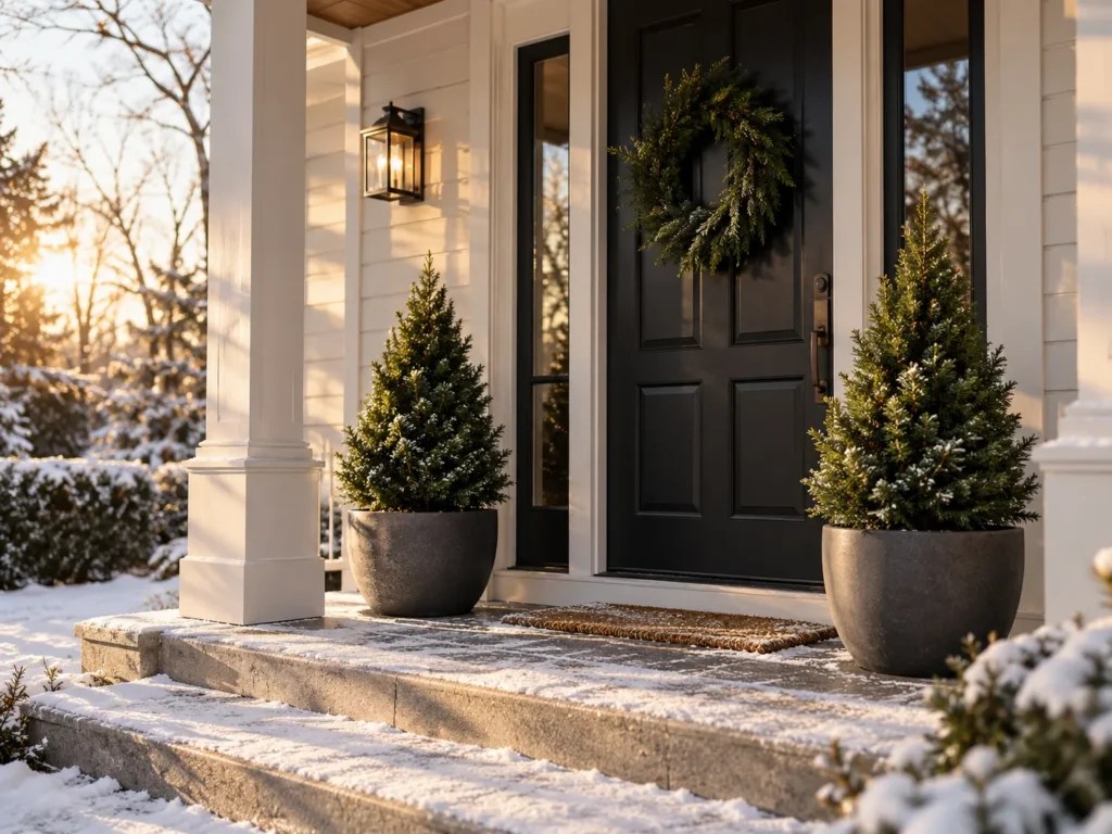 Two dwarf Alberta spruce in matching pots either side of a front door with light snow on the porch