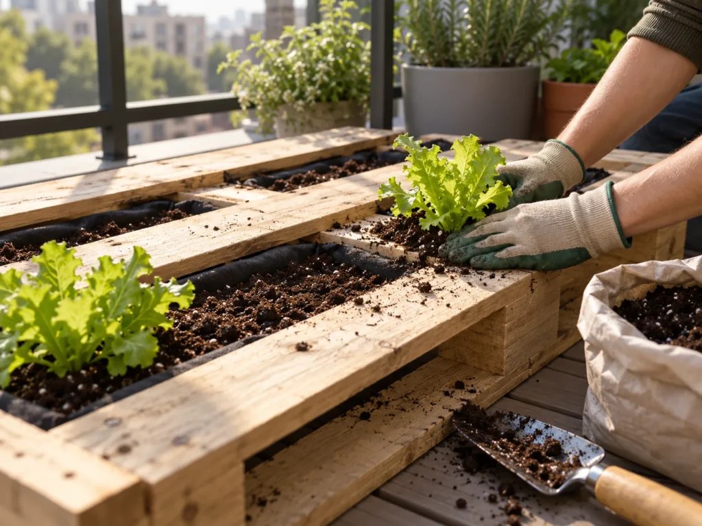 Pallet lying flat on a balcony deck being filled with moist potting mix as lettuce seedlings go in between slats