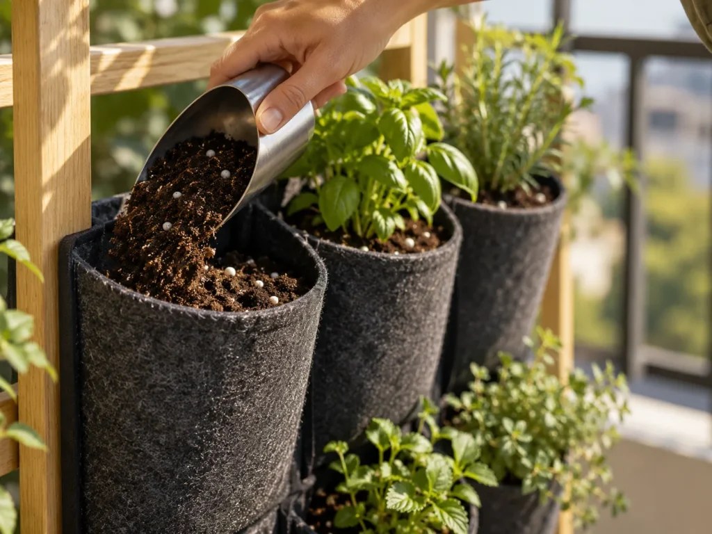 A hand scoop adding dark potting mix to a felt pocket, leaving a gap below the rim