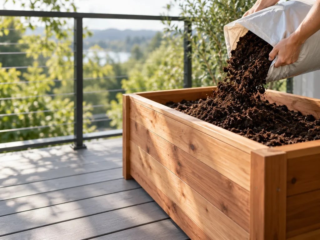 A cedar planter box on a balcony floor being filled with dark potting mix from a bag