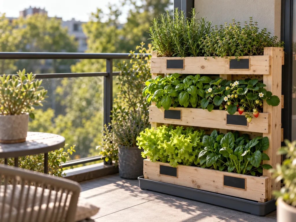 Finished pallet planter with rosemary and thyme on top, basil and strawberries in the middle, lettuce at the bottom