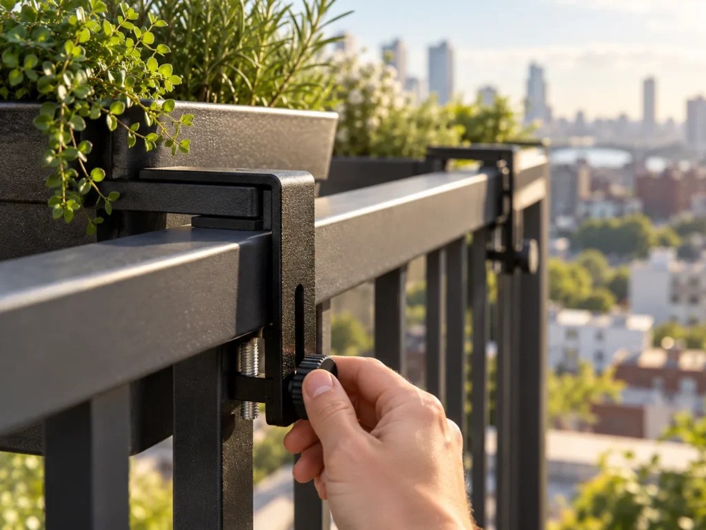 An adjustable black planter bracket clamped over a balcony top rail with a rubber pad under the clamp