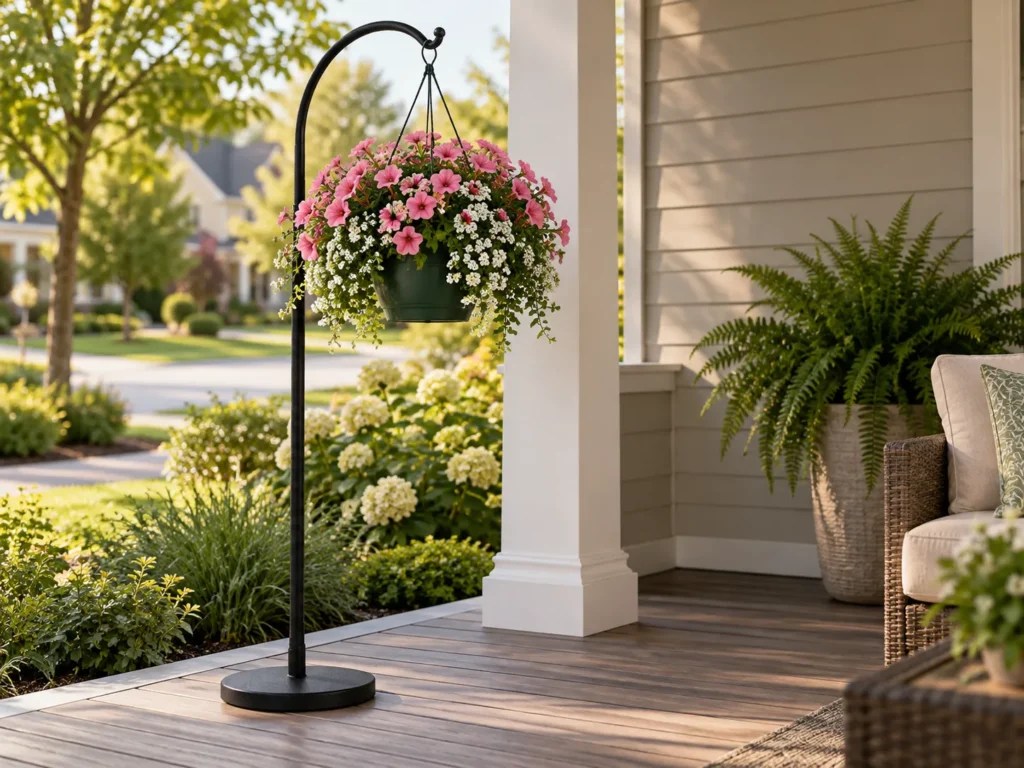 Freestanding black metal stand holding a 14-inch hanging basket of flowers at eye level on a porch