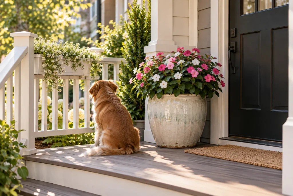Front porch container garden ideas on a small covered porch with a large pale pot of impatiens, a railing planter and a clear walkway