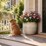 Front porch container garden ideas on a small covered porch with a large pale pot of impatiens, a railing planter and a clear walkway