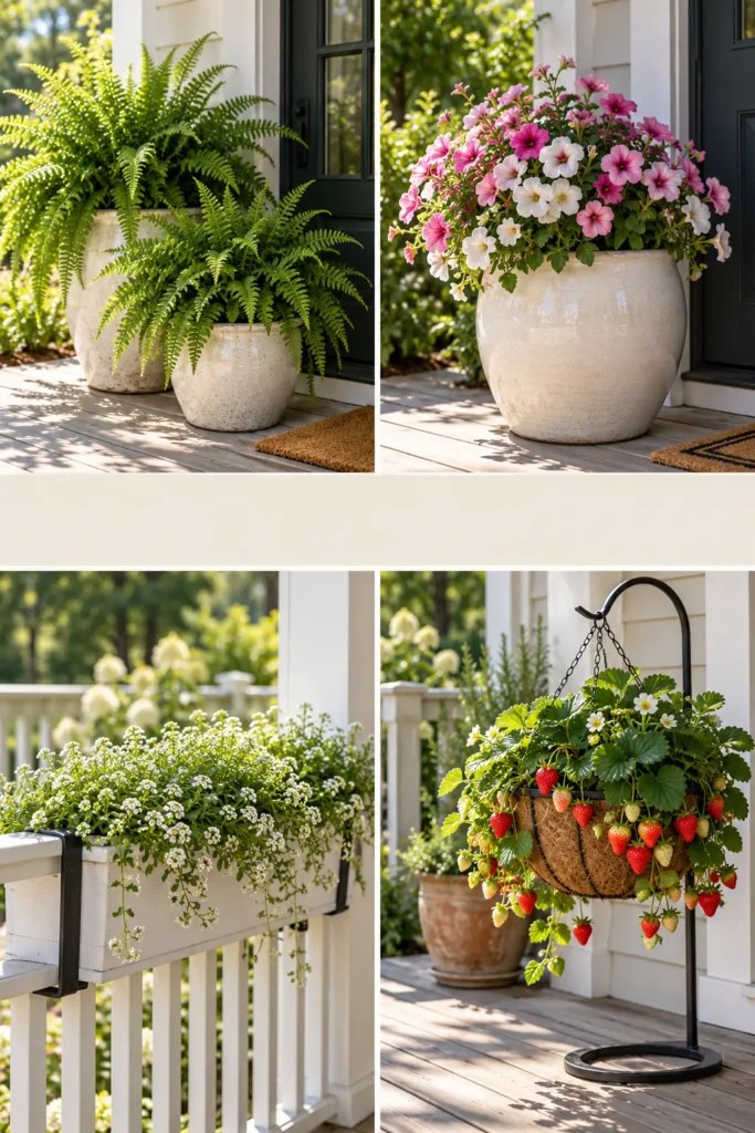 Pinterest pin collage of four porch container ideas: fern pair, large statement pot, railing box and hanging strawberries