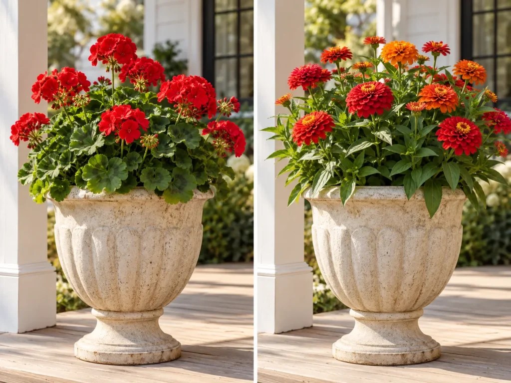 Split image comparing a red zonal geranium urn with a pet-safe zinnia urn on a sunny porch