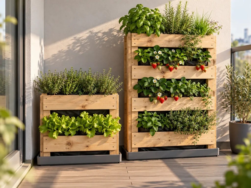 Half-size pallet planter with lettuce and thyme standing beside a full-size planted pallet on a narrow balcony