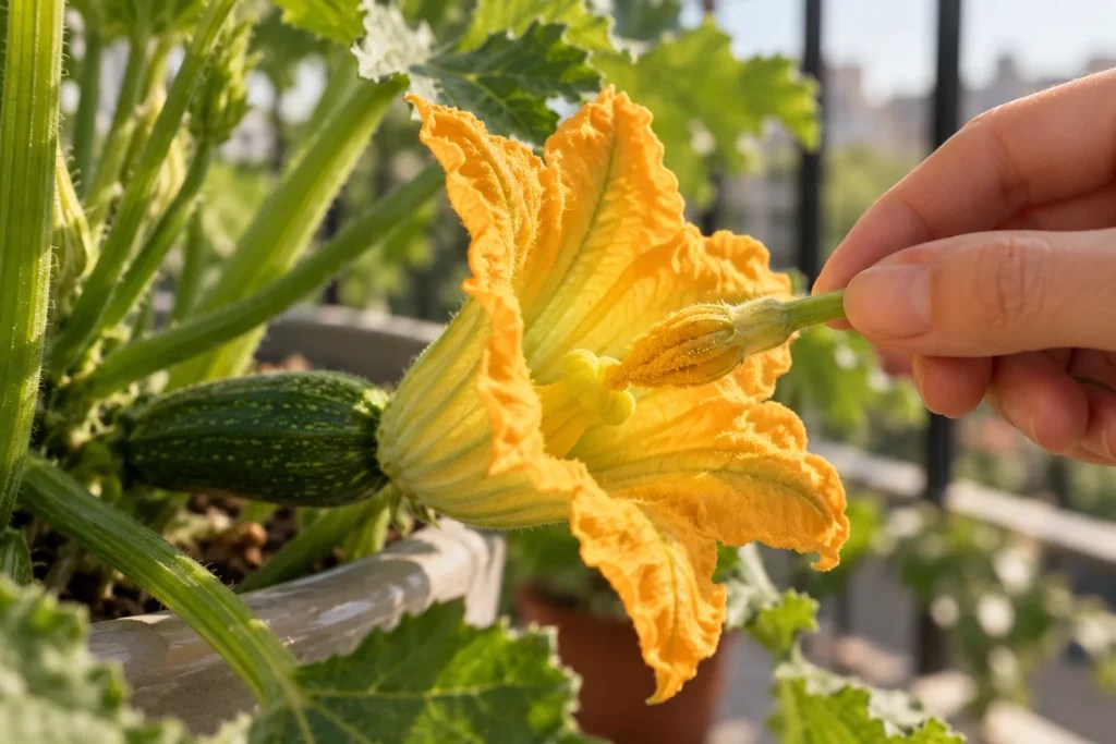 A hand holding a petal-stripped male zucchini flower and touching its centre to the inside of an open female flower in morning light.