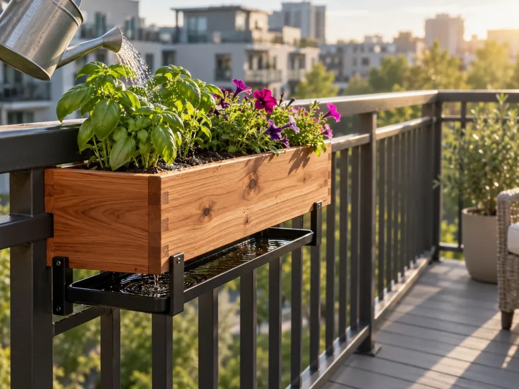A planted cedar box resting on rail brackets with a long drip tray underneath catching water