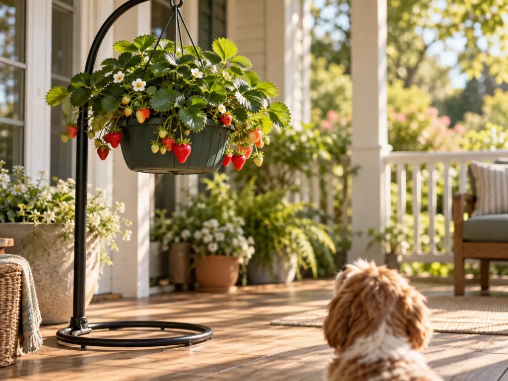 Hanging basket of strawberry plants with ripe fruit on a freestanding stand above dog height on a porch