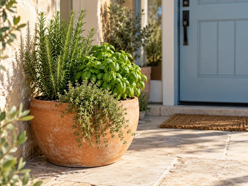 Wide terracotta pot of rosemary, thyme and basil beside a front door in full sun
