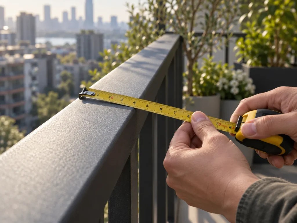 Hands holding a tape measure across the top of a balcony railing to measure its width