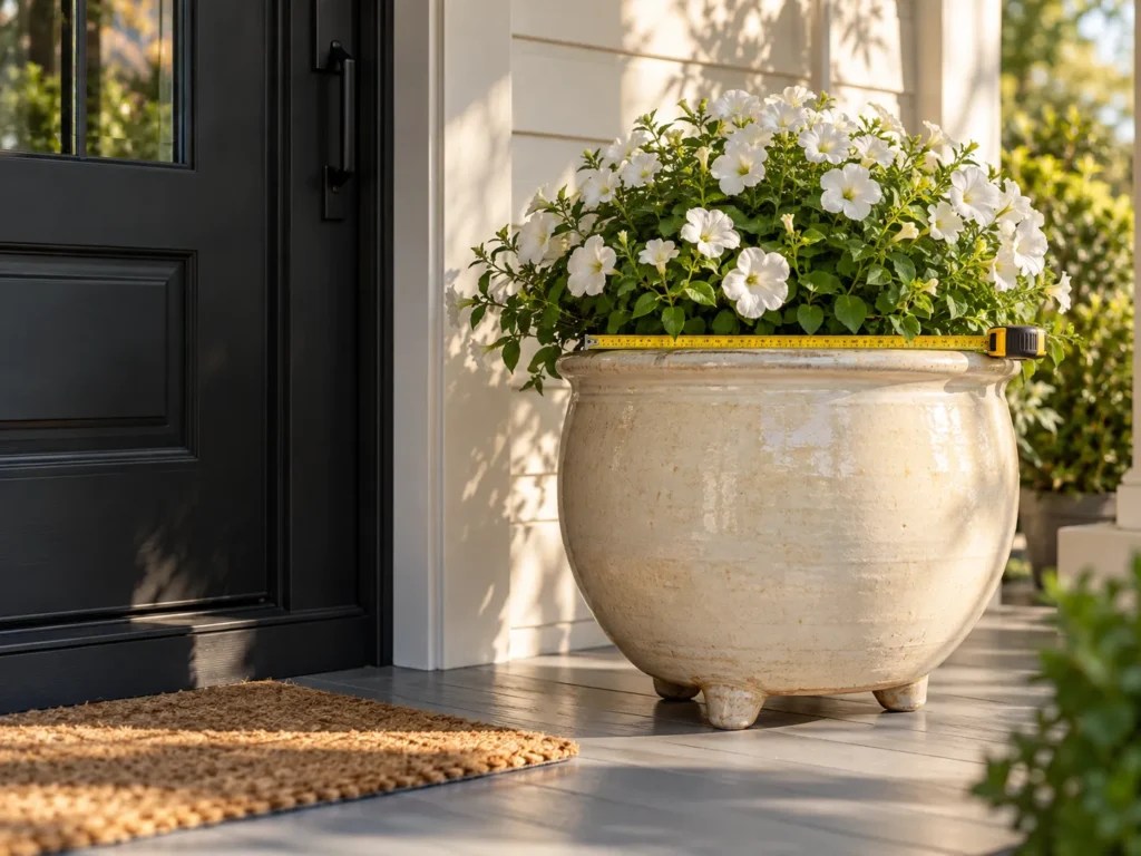 Single large pale pot on pot feet beside a front door with a tape measure showing its width