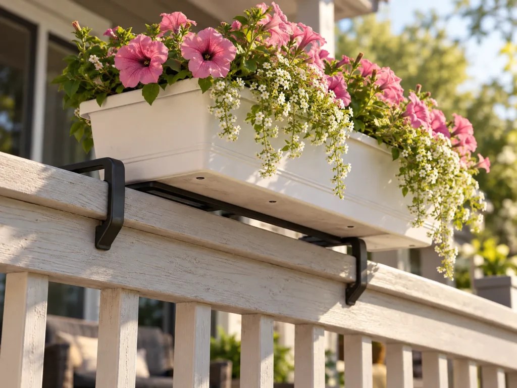 Close-up of a plastic planter box hooked over a porch railing with its bracket and drainage holes visible
