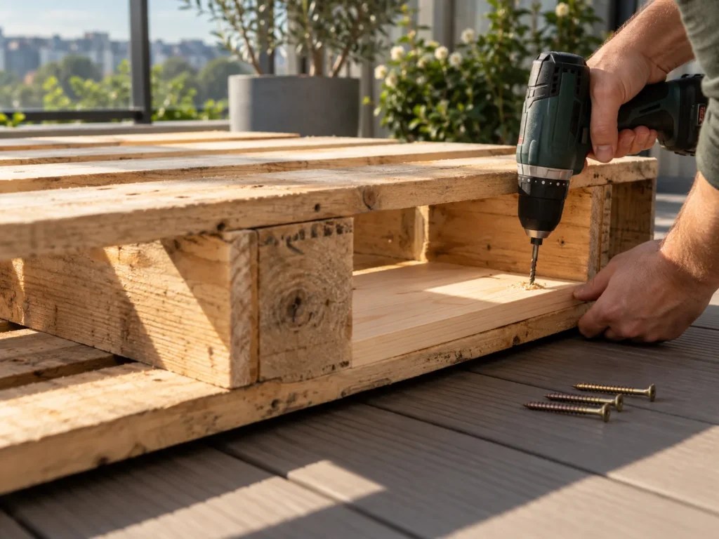 Pallet on its side with a new board across the bottom of a pocket and a drill pre-drilling a screw hole
