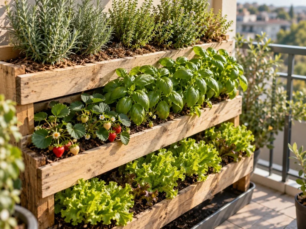 Side view of a planted pallet showing herbs in the dry top row and lettuce in the moist bottom row