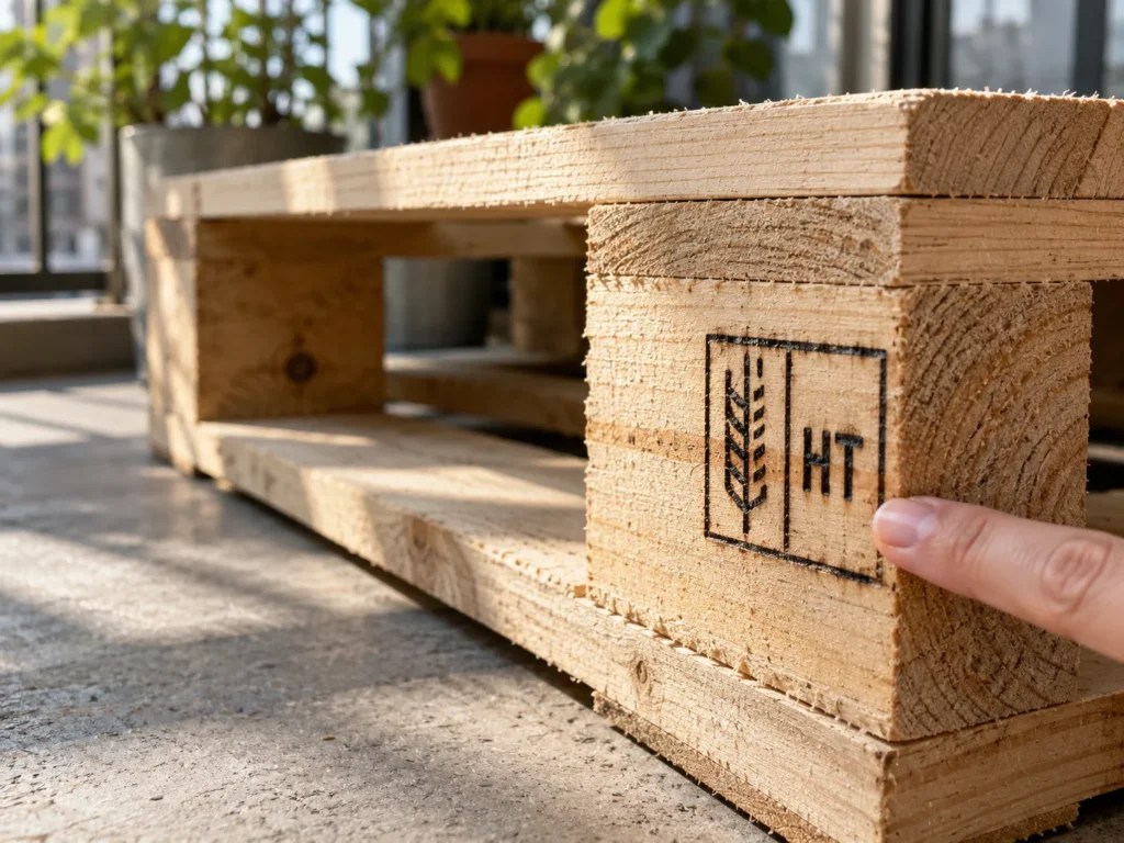 Close-up of an IPPC pallet stamp with the HT heat-treatment code, a fingertip pointing to the letters