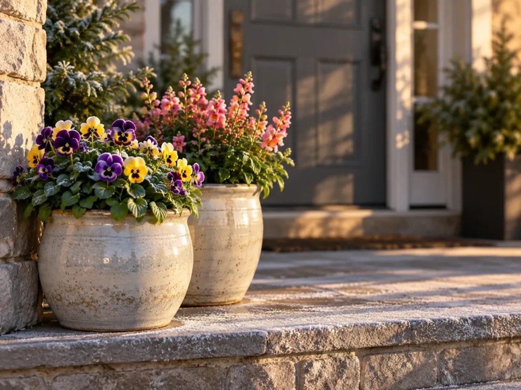 Pots of purple and yellow pansies with pink snapdragons on a porch step with light frost